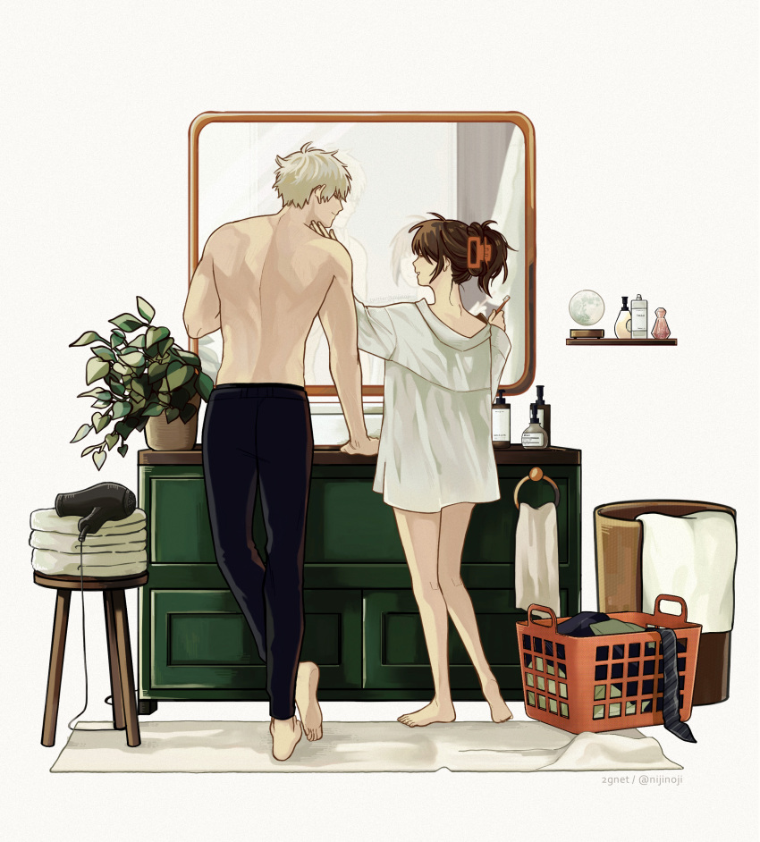 1boy, 1girl, absurdres, barefoot, black_pants, bottle, brown_hair, couple