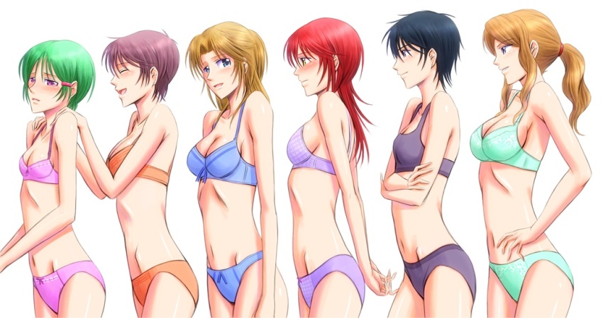 6+girls, amou_ami, aqua_panties, arms_behind_back, black_hair, blue_bra, blue_eyes, blue_panties, bonnie_(rsg), bra, breasts, brown_hair, character_request, closed_eyes, crossed_arms, fuyuumi_shoko, green_bra, green_hair, grey_panties, hands_on_another's_shoulders, hino_kahoko, kobayashi_nao, la_corda_d'oro, medium_breasts, mori_manami, multiple_girls, navel, orange_bra, orange_panties, panties, ponytail, profile, purple_bra, purple_eyes, purple_panties, red_hair, short_hair, small_breasts, sports_bra, standing, takato_mio, underwear