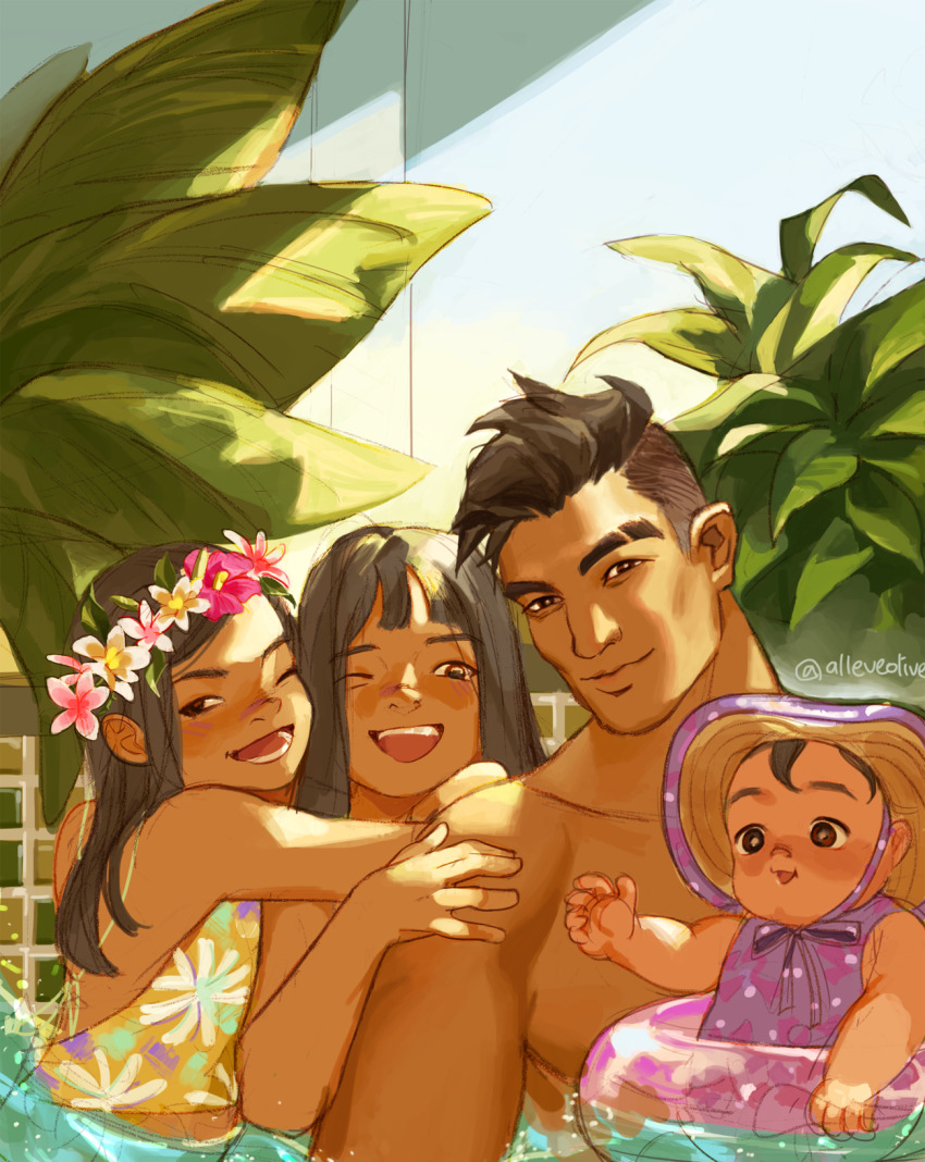 1boy, 3girls, :d, alleveolive, artist_name, baby, black_eyes, black_hair