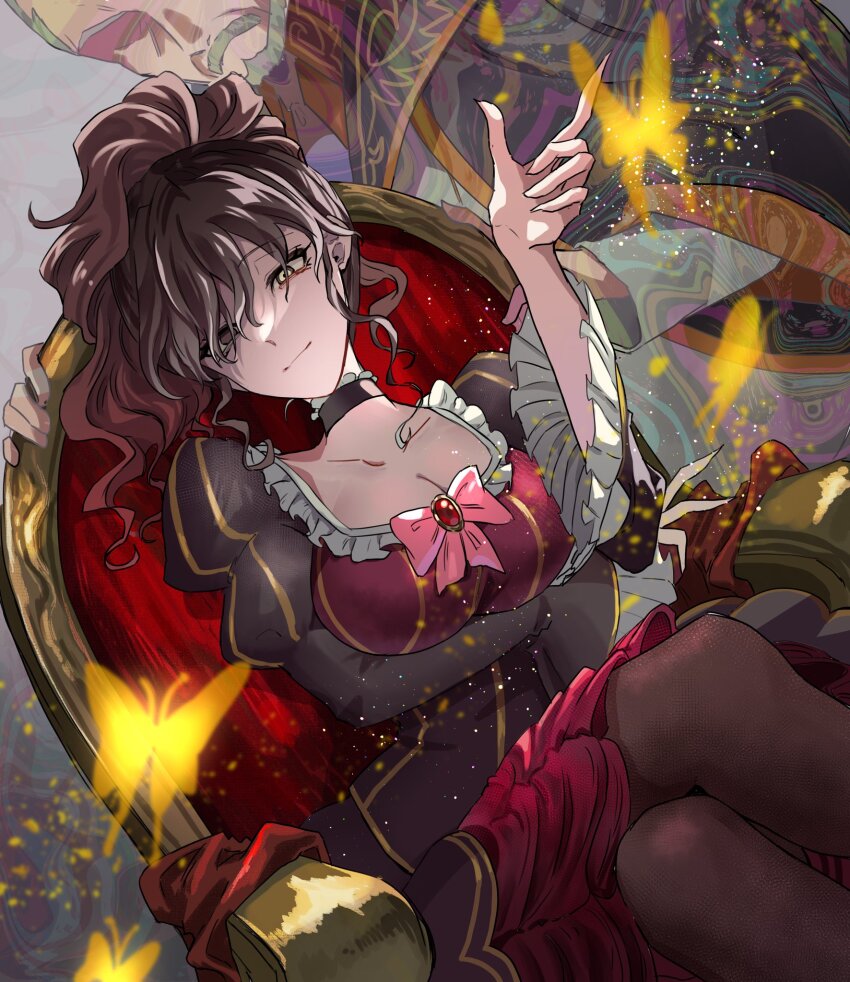 1boy, 1girl, beard, beatrice_(umineko), beatrice_(umineko)_(cosplay), breasts, brown_dress, brown_hair