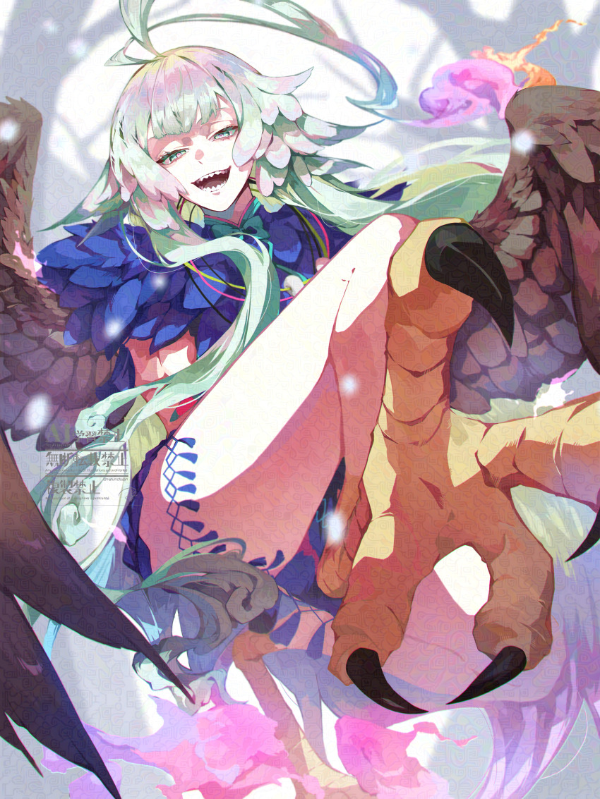 1girl, absurdres, ahoge, bird_legs, breasts, brown_feathers, brown_wings, commentary_request, fate/grand_order, fate_(series), feathered_wings, feathers, green_hair, harpy, highres, huge_ahoge, jewelry, large_breasts, long_hair, looking_at_viewer, louhi_(fate), louhi_(third_ascension)_(fate), matumotodan, monster_girl, necklace, open_mouth, pink_pupils, sharp_teeth, sidelocks, solo, talons, teeth, tooth_necklace, winged_arms, wings