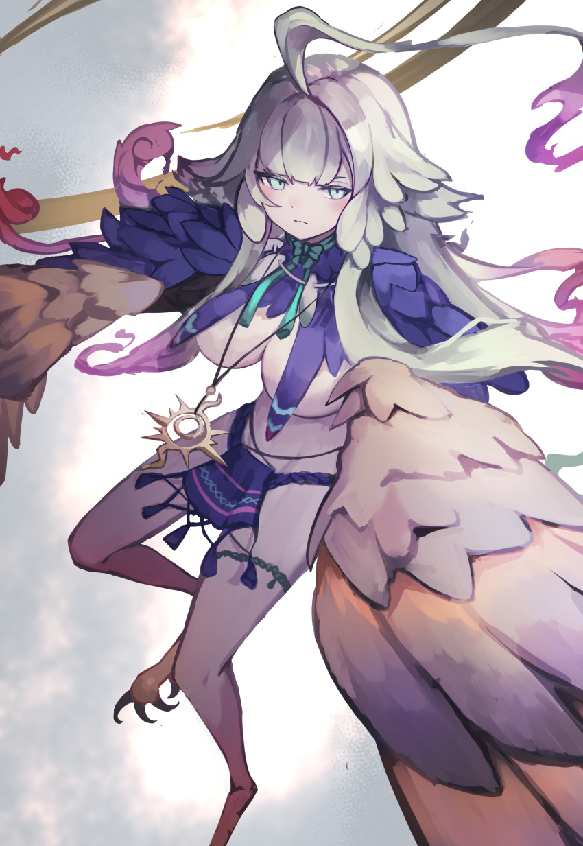 1girl, absurdres, ahoge, bird_legs, blush, breasts, brown_feathers, brown_wings, commentary_request, fate/grand_order, fate_(series), feathered_wings, feathers, harpy, highres, huge_ahoge, jewelry, large_breasts, long_hair, looking_at_viewer, louhi_(fate), louhi_(third_ascension)_(fate), mess_h_j, monster_girl, necklace, sidelocks, solo, talons, tooth_necklace, white_background, white_eyes, winged_arms, wings