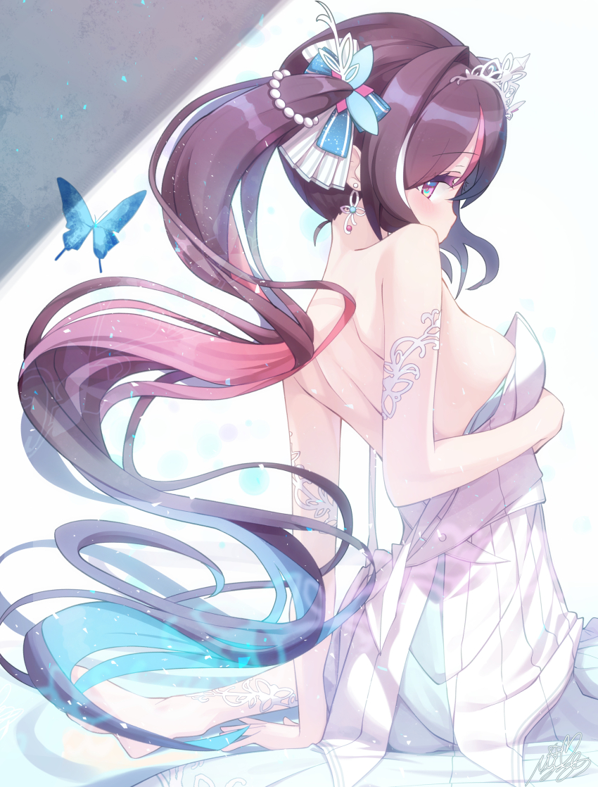 1girl, absurdres, arm_support, arm_under_breasts, azki_(dress)_(hololive), azki_(hololive), backless_dress, backless_outfit