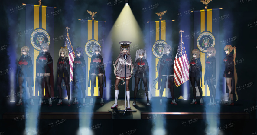 6+girls, absurdres, american_flag, bald_eagle, banner, bennington_(cv-20)_(warship_girls_r), bird, eagle