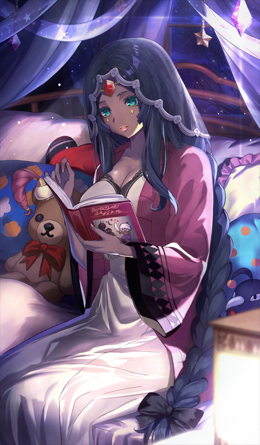 1girl, black_hair, book, braid, braided_ponytail, breasts, cleavage, cloak, dark-skinned_female, dark_skin, facial_mark, fate/grand_order, fate_(series), forehead_jewel, green_eyes, large_breasts, long_hair, long_sleeves, neko_daruma, nightgown, open_clothes, parted_bangs, purple_cloak, scheherazade_(fate), scheherazade_(song_of_slumber)_(fate), solo, stuffed_toy, white_nightgown