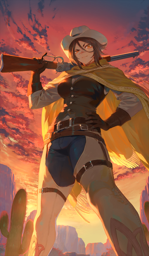1girl, belt, belt_buckle, blue_pants, brown_belt, brown_gloves, brown_hair, brown_vest, buckle, cactus, cape, chaps, closed_mouth, cloud, cloudy_sky, cowboy_hat, denim, fate/grand_order, fate_(series), feet_out_of_frame, fringe-trimmed_cape, fringe_trim, gloves, gun, hair_between_eyes, hand_on_own_hip, hat, holding, holding_gun, holding_weapon, jeans, long_sleeves, looking_at_viewer, mashutarou_(neko_no_oyashiro), official_alternate_costume, official_art, orange_eyes, outdoors, over_shoulder, pants, scar, scar_on_face, scar_on_nose, shirt, short_hair, sky, smirk, solo, standing, sugitani_zenjubou_(depraved_monk_of_the_west)_(fate), sugitani_zenjubou_(fate), sunset, textless_version, thigh_belt, thigh_strap, thighs, trigger_discipline, vest, weapon, weapon_over_shoulder, white_hat, white_shirt, yellow_cape