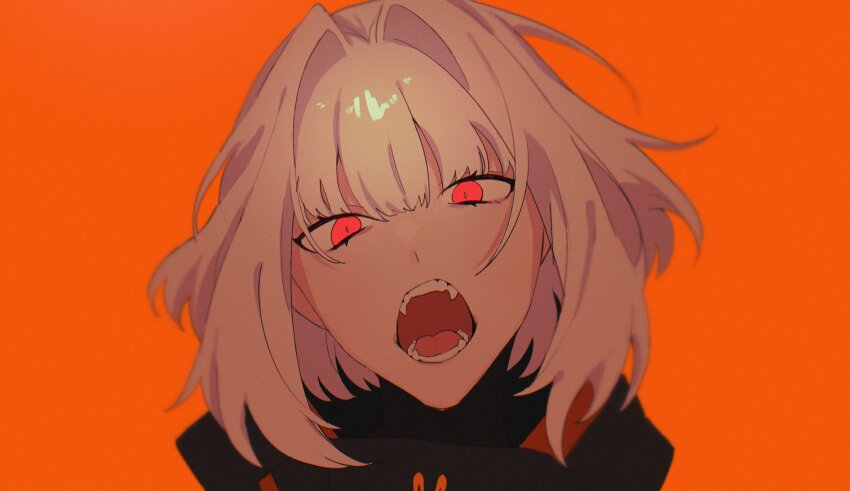 1girl, armor, black_armor, fangs, highres, kinotarowow, library_of_ruina, looking_at_viewer, myo_(project_moon), open_mouth, portrait, project_moon, red_eyes, short_hair, solo, white_hair