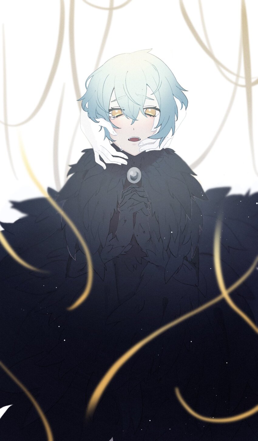 1girl, angela_(project_moon), badge, black_dress, black_gloves, blue_hair, dress, feather_dress