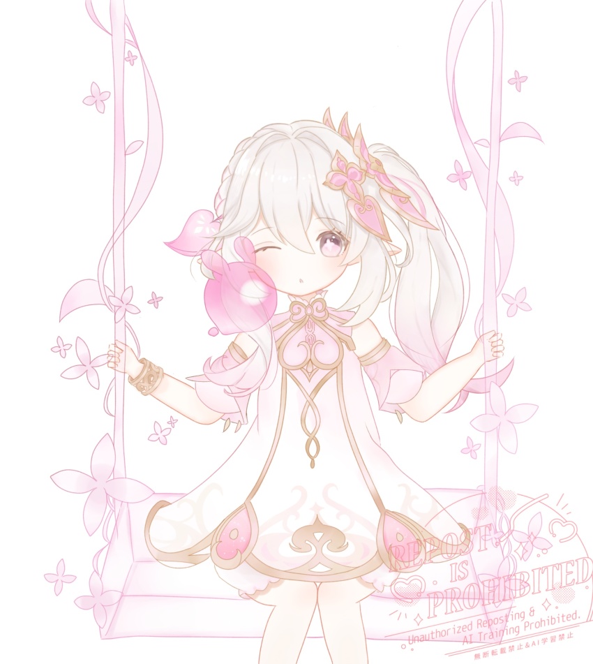 1girl, alternate_color, alternate_eye_color, alternate_hair_color, bare_shoulders, blush, bracelet, choko_clover, commentary_request, detached_sleeves, dress, genshin_impact, gold_trim, gradient_hair, hair_between_eyes, hair_ornament, highres, jewelry, leaf_hair_ornament, long_hair, looking_at_viewer, multicolored_hair, nahida_(genshin_impact), on_swing, one_eye_closed, pink_eyes, pink_hair, pink_sleeves, seelie_(genshin_impact), side_ponytail, sitting, sleeveless, sleeveless_dress, solo, swing, white_background, white_dress, white_hair