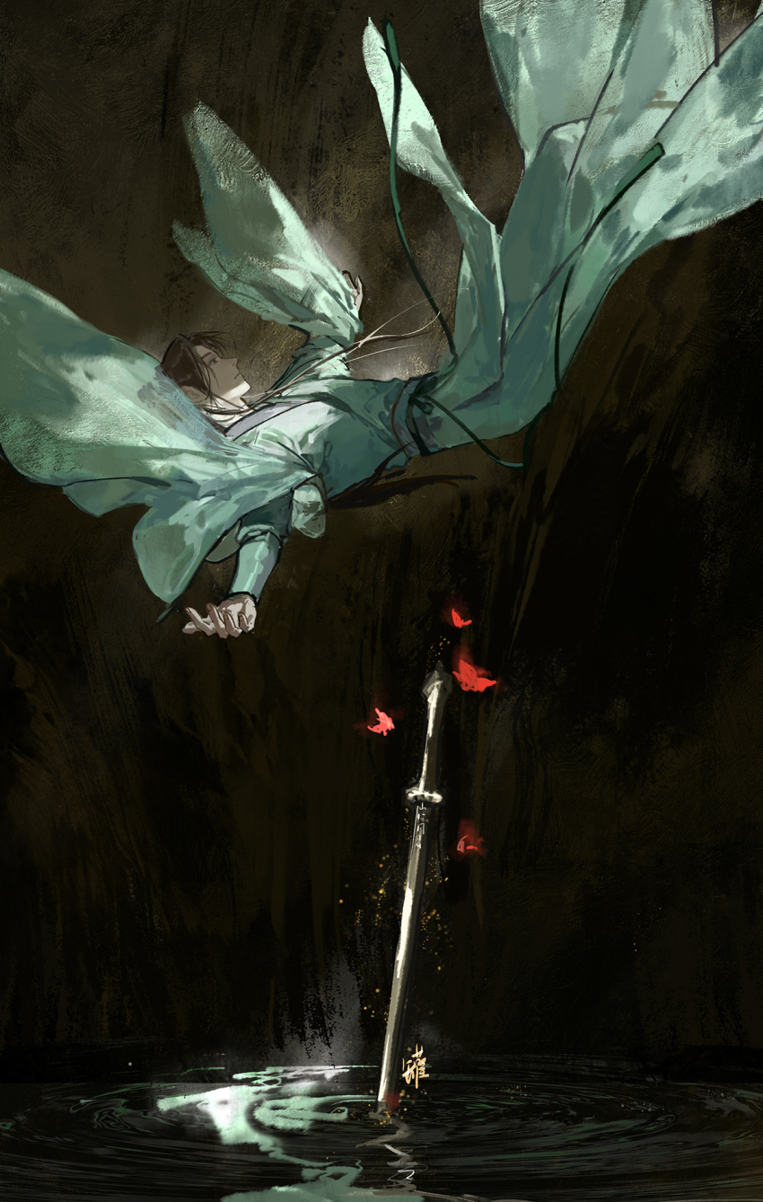 1boy, brown_hair, bug, butterfly, chinese_clothes, chinese_commentary, closed_mouth, falling, from_side, full_body, glowing, green_hanfu, green_ribbon, guan_yiyi, hair_bun, hanfu, highres, insect, long_hair, long_sleeves, looking_ahead, male_focus, thousand_autumns:_qian_qiu, reflection, reflective_liquid, ribbon, ripples, sash, see-through_clothes, shen_qiao, solo, sword, water, weapon, wide_sleeves