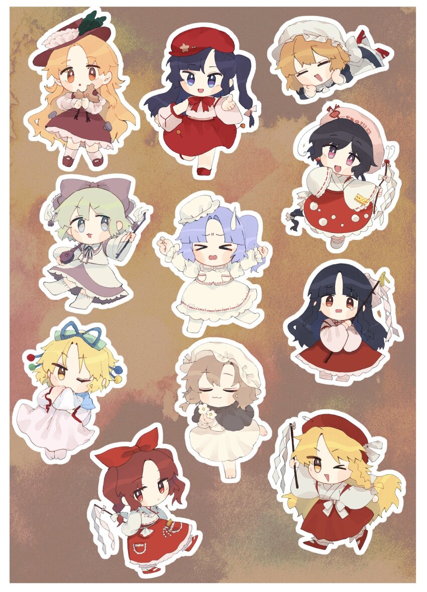 >_<, 20000-hit_girl_(touhou), 6+girls, :3, :d, :o, apron, bare_shoulders