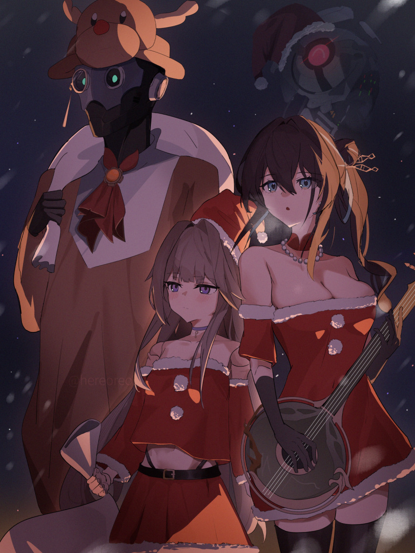 1boy, 2girls, animal_costume, aqua_eyes, banjo, bare_shoulders, black_gloves, black_hair