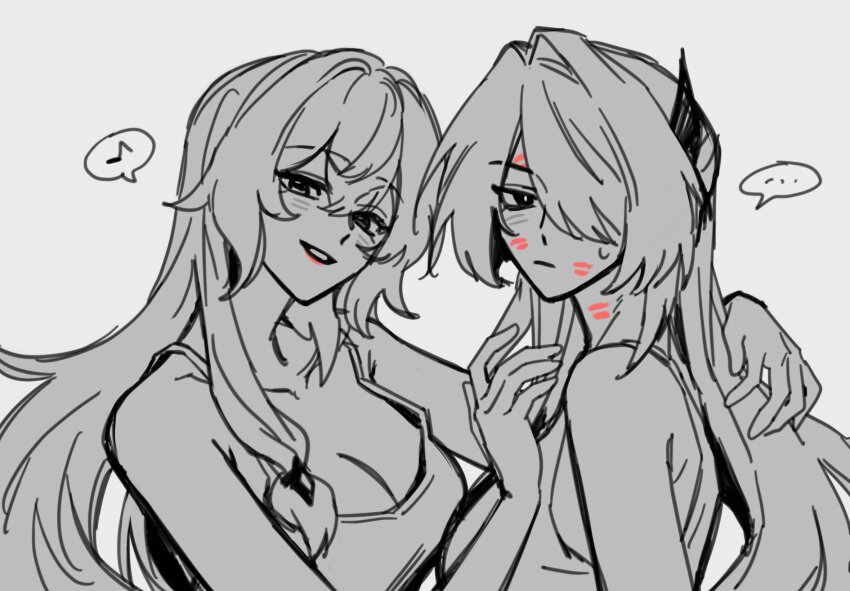 ..., 2girls, acheron_(honkai:_star_rail), backgun, black_swan_(honkai:_star_rail), blush, breasts, face-to-face