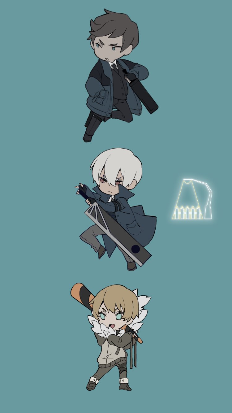 1girl, 2boys, baseball_bat, blonde_hair, blue_background, blue_jacket, brown_eyes, brown_hair