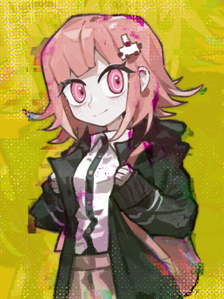 1girl, backpack, bag, black_jacket, blush, brown_hair, brown_skirt, closed_mouth, danganronpa_(series), danganronpa_2:_goodbye_despair, duantouhongmo, flipped_hair, highres, jacket, medium_hair, miniskirt, nanami_chiaki, open_clothes, open_jacket, pink_bag, pink_eyes, shirt, shirt_tucked_in, skirt, smile, solo, two-tone_shirt, white_shirt, yellow_background