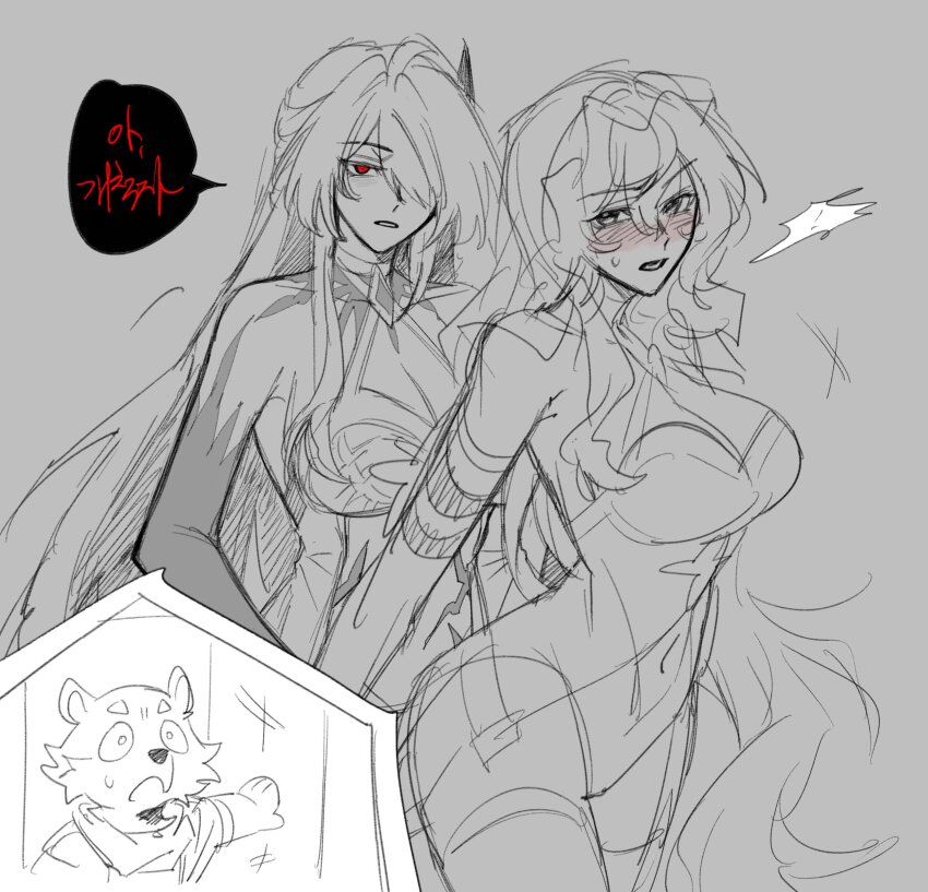 3girls, absurdres, acheron_(honkai:_star_rail), animalization, backgun, black_swan_(honkai:_star_rail), blush, body_markings