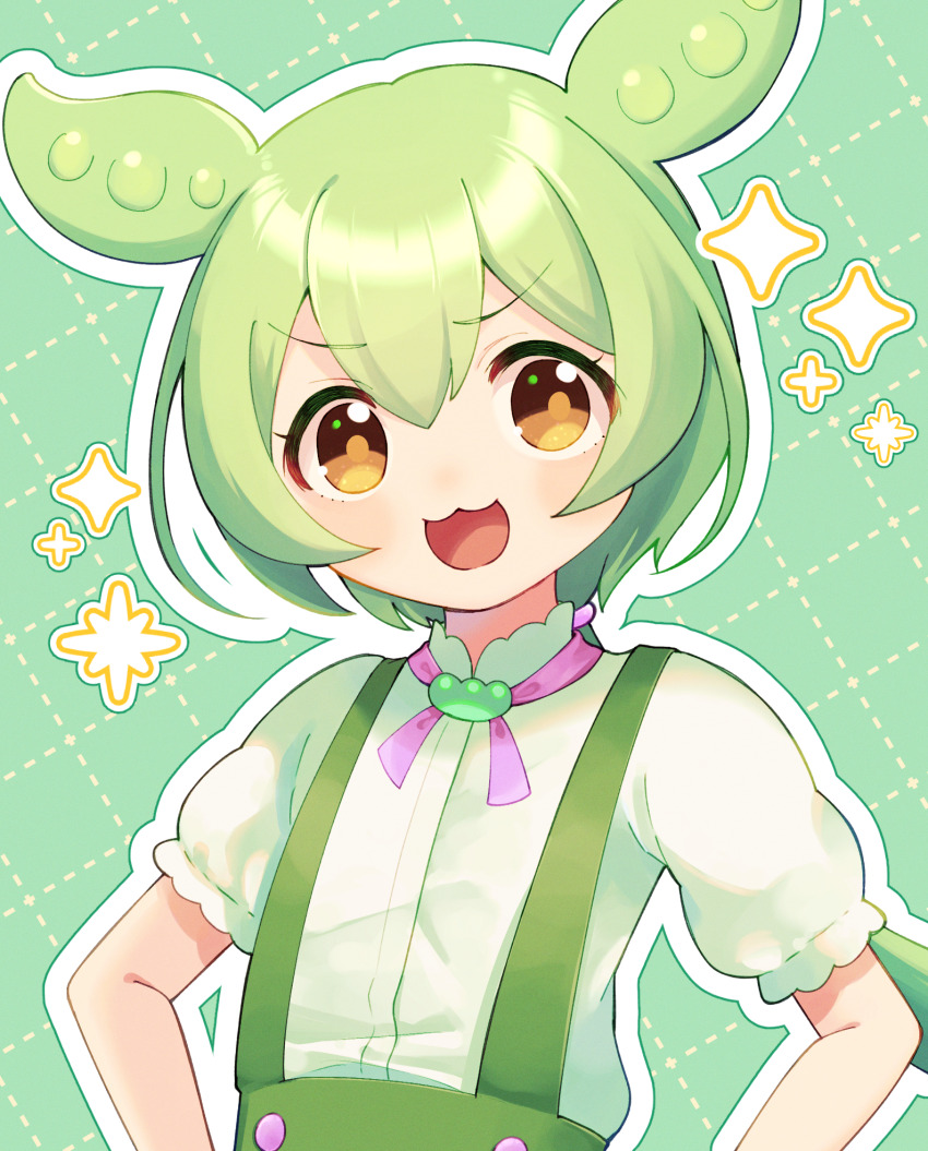1girl, :3, :d, animal_ears, brown_eyes, commentary_request, green_hair, hands_on_own_hips