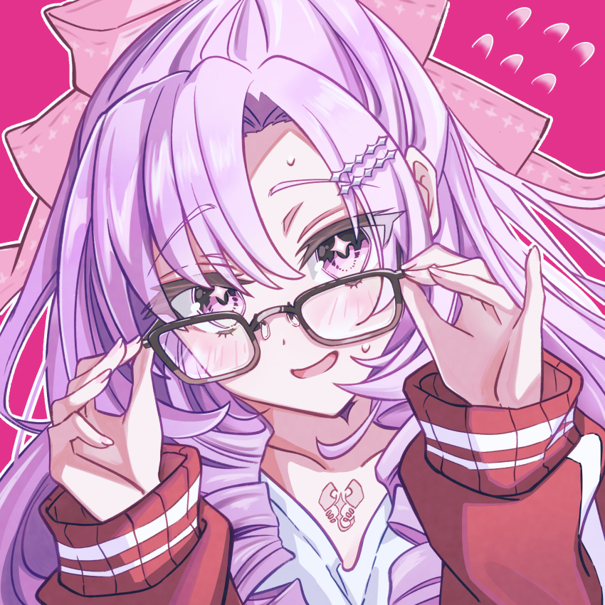 1girl, adjusting_eyewear, black-framed_eyewear, blush, bow, chest_tattoo, collar, drill_hair, flying_sweatdrops, hair_bow, hands_up, highres, hyakumantenbara_salome, hyakumantenbara_salome_(casual), jacket, kakaramama, long_hair, looking_at_viewer, nijisanji, pink_bow, purple_eyes, purple_hair, red_jacket, small_sweatdrop, solo, sparkling_eyes, tattoo, track_jacket, virtual_youtuber