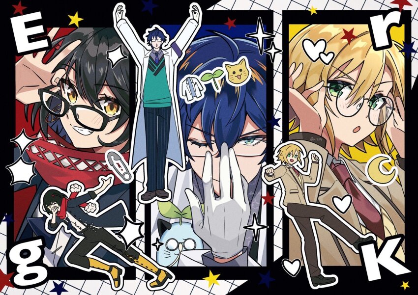 3boys, adjusting_eyewear, aqua_eyes, aqua_sweater_vest, armband, arms_up, black-framed_eyewear, black_hair