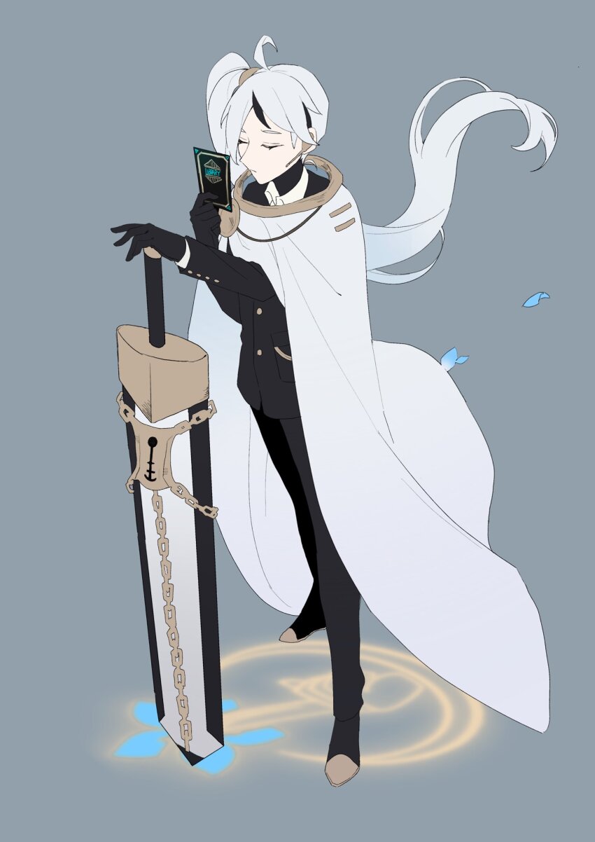 1boy, ahoge, black_gloves, black_hair, black_jacket, black_pants, cape, chain