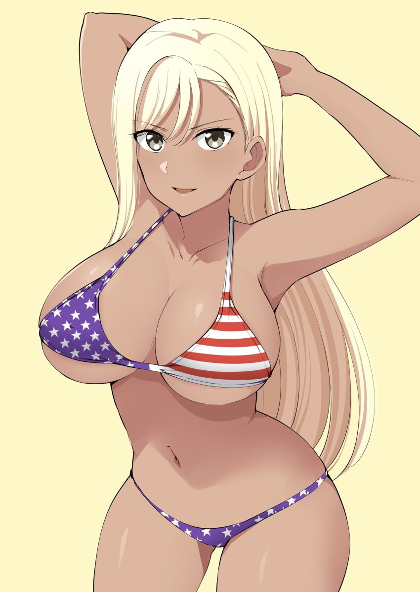 1girl, american_flag, american_flag_bikini, american_flag_print, arms_behind_head, barkhorn0331, bikini, blonde_hair, breasts, brown_eyes, cinderella_series, collarbone, cowboy_shot, flag_print, flag_print_bikini, frida_fernandez_amber, hachigatsu_no_cinderella_nine, halterneck, highres, navel, print_bikini, simple_background, solo, standing, string_bikini, swimsuit, v-shaped_eyebrows, yellow_background