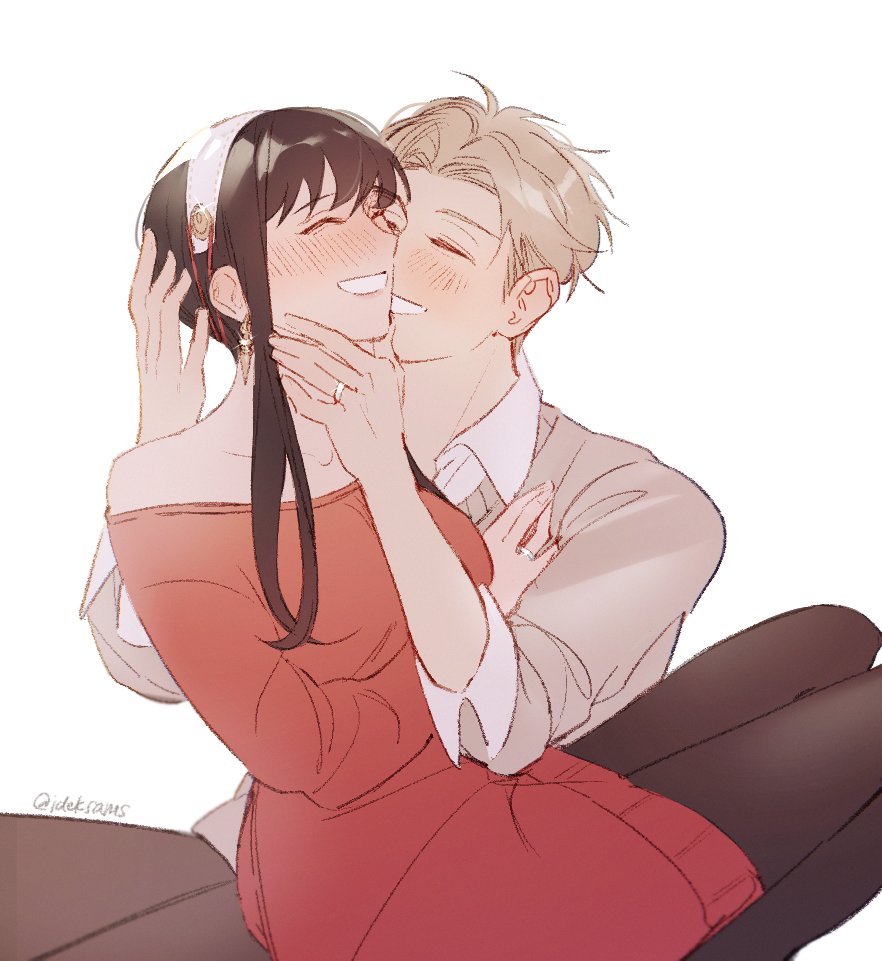 1boy, 1girl, black_hair, blonde_hair, blush, breasts, couple, dress