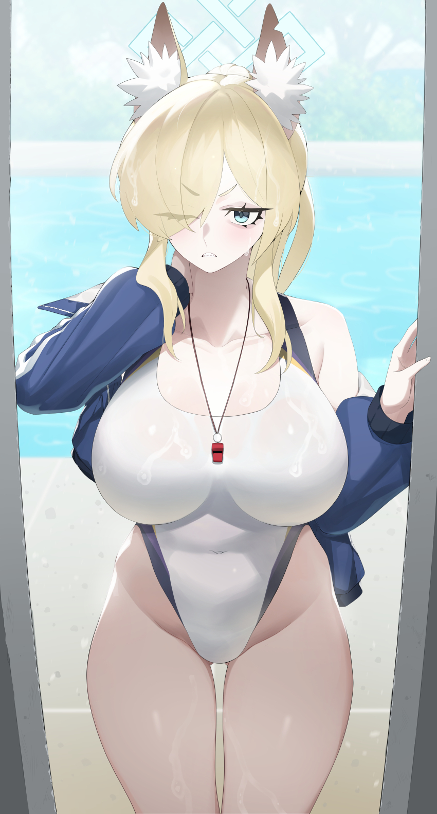 1girl, absurdres, animal_ear_fluff, animal_ears, blue_archive, blue_halo, competition_swimsuit, darros, dog_ears, extra_ears, hair_over_one_eye, halo, highleg, highleg_one-piece_swimsuit, highres, kanna_(blue_archive), kanna_(swimsuit)_(blue_archive), notched_ear, official_alternate_costume, one-piece_swimsuit, sharp_teeth, solo, swimsuit, teeth, whistle, whistle_around_neck, white_one-piece_swimsuit