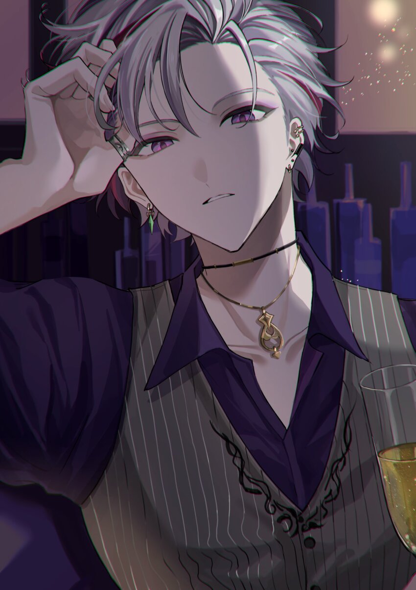 1boy, collarbone, collared_shirt, ear_piercing, fuwa_minato, fuwa_minato_(2nd_costume), grey_vest, hair_between_eyes, hand_on_own_head, highres, looking_at_viewer, male_focus, multicolored_hair, nijisanji, piercing, purple_shirt, red_hair, shirt, sitting, solo, sosaku_25, teeth, two-tone_hair, vest, virtual_youtuber, white_hair