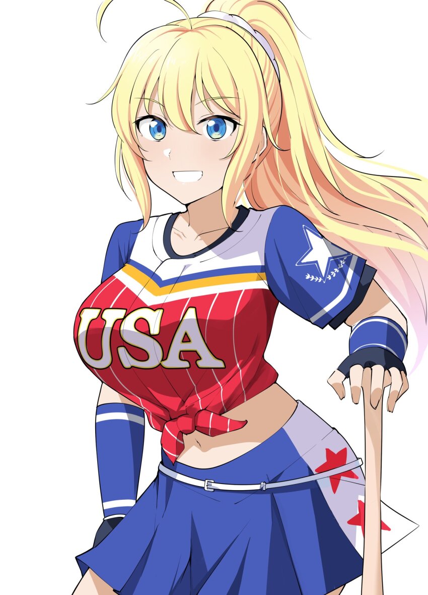 1girl, amelia_thunders, barkhorn0331, baseball_bat, baseball_uniform, black_gloves, blonde_hair, blue_eyes