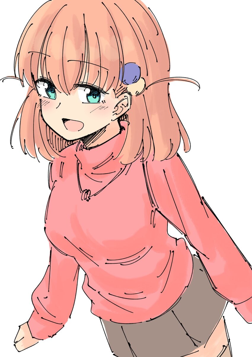 1girl, :d, aqua_eyes, ayu_(ayu_illustrate), blush, casual, commentary_request, cowboy_shot