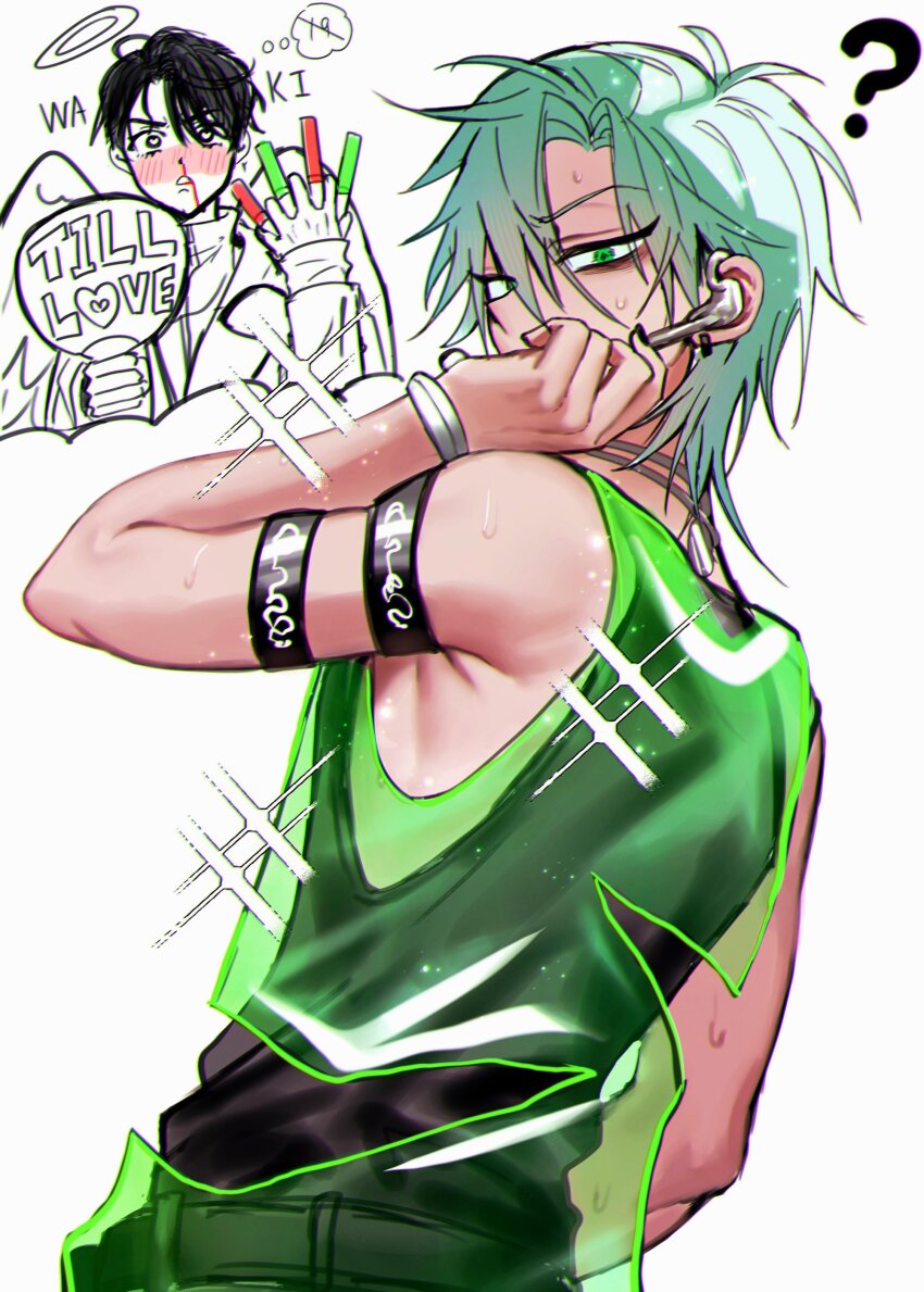 2boys, 7eiaq3939, ?, absurdres, alien_stage, angel_wings, armband, armpit_crease