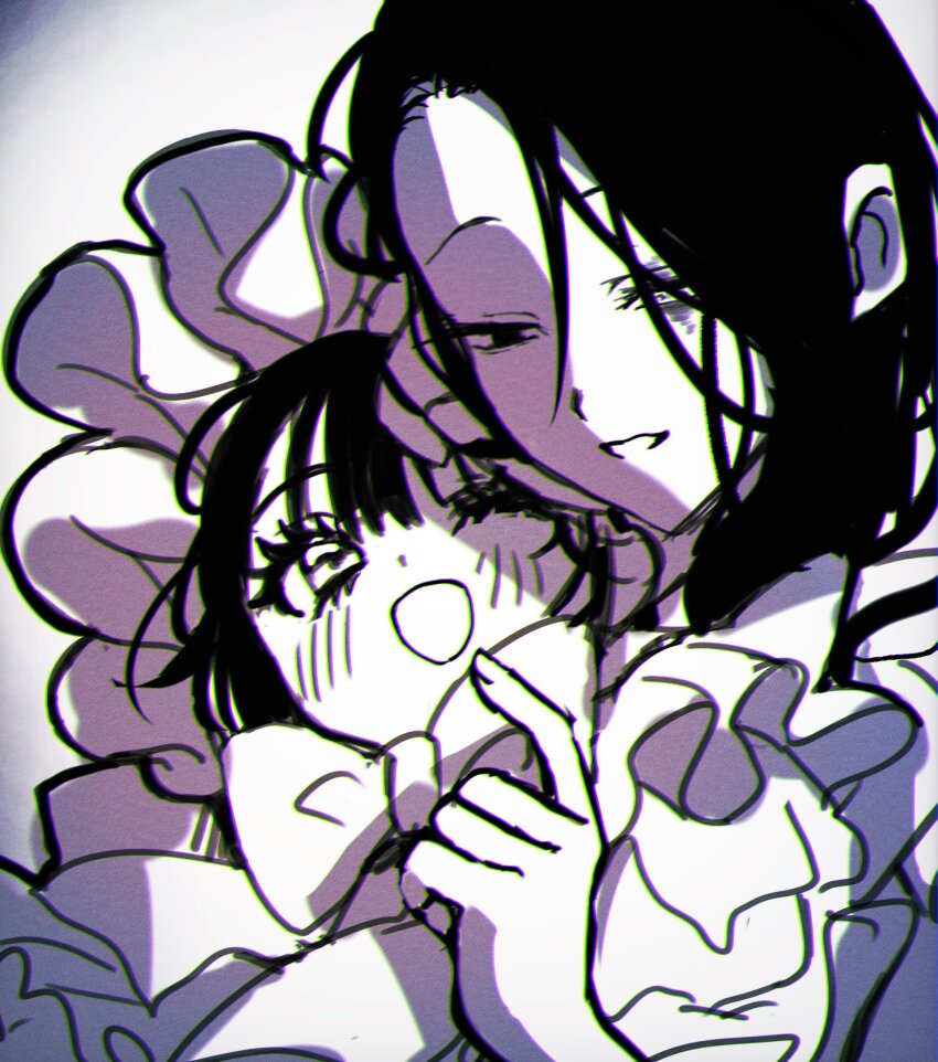 2girls, 7eiaq3939, aged_down, alien_stage, black_hair, bonnet, commentary_request, frilled_bonnet