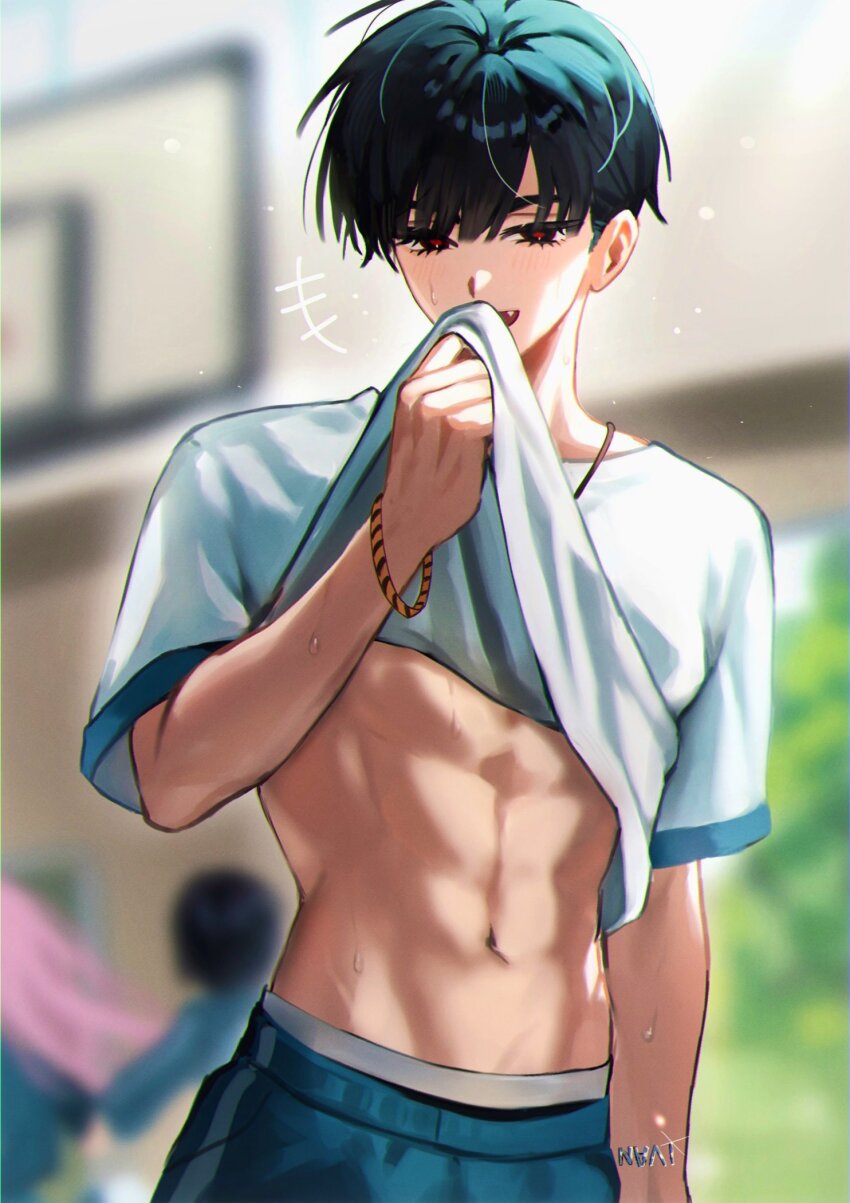 +++, 1boy, 7eiaq3939, abs, alien_stage, arm_tattoo, black_eyes, black_hair