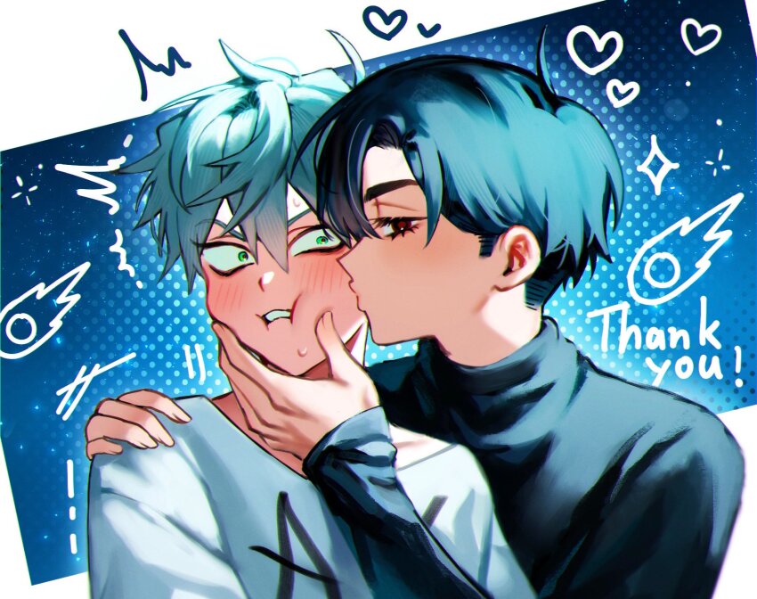 2boys, 7eiaq3939, alien_stage, aqua_eyes, black_eyes, black_shirt, blush, commentary_request