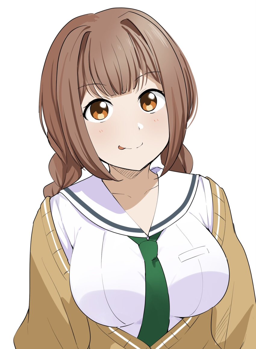 1girl, :p, barkhorn0331, braid, brown_cardigan, brown_eyes, brown_hair, cardigan