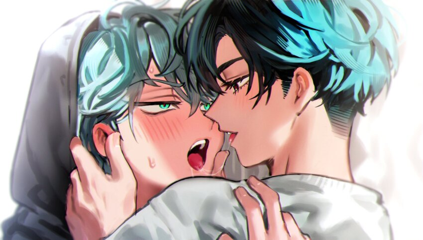 2boys, 7eiaq3939, after_kiss, alien_stage, aqua_eyes, black_eyes, black_hair, blush, commentary_request, grey_hair, grey_hoodie, hand_on_another's_face, highres, hood, hood_up, hoodie, ivan_(alien_stage), male_focus, multiple_boys, open_mouth, red_pupils, saliva, saliva_trail, shirt, short_hair, till_(alien_stage), very_short_hair, white_background, white_shirt, yaoi
