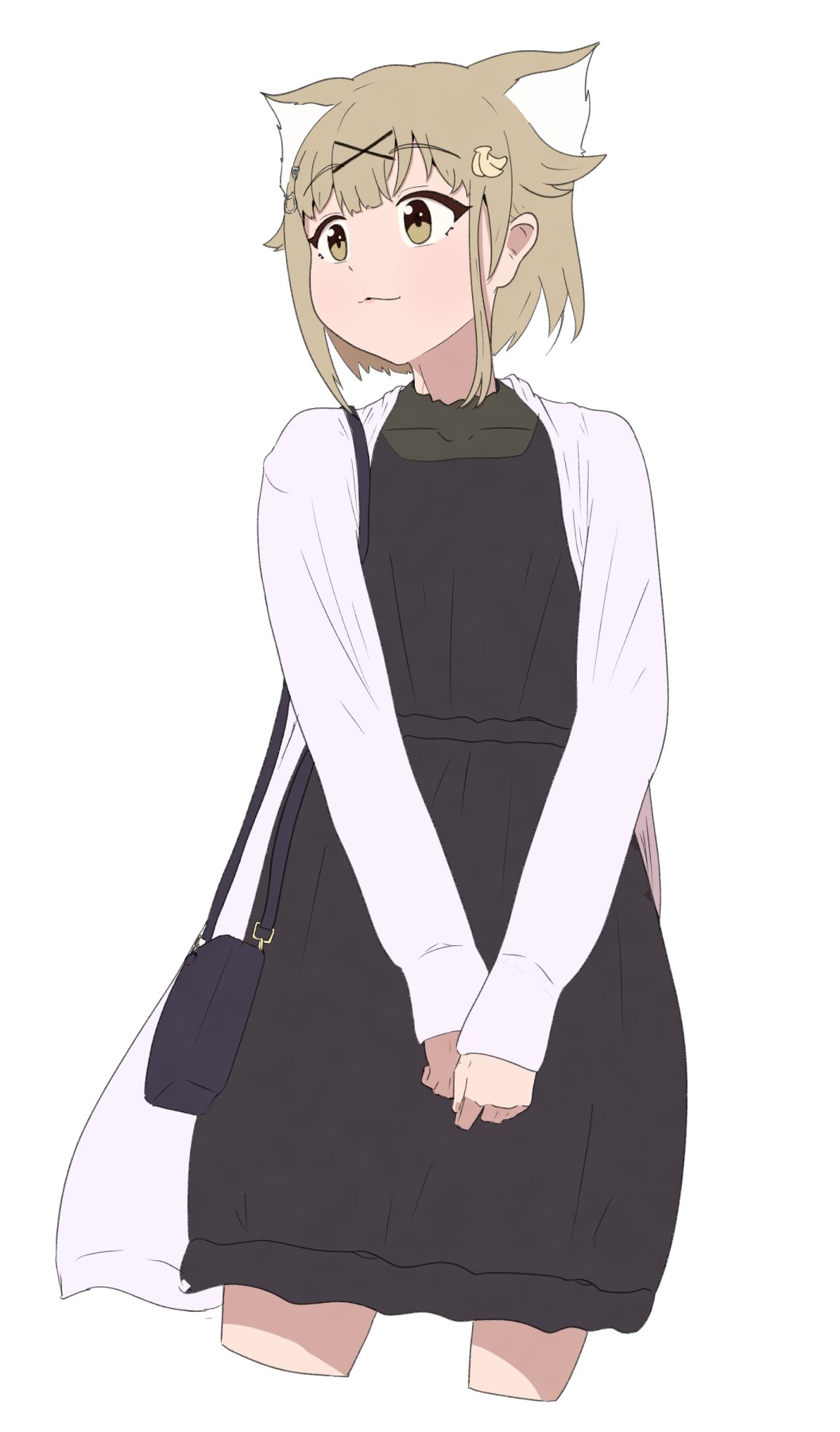 1girl, animal_ears, bag, banana_hair_ornament, black_bag, black_dress, brown_eyes, brown_hair