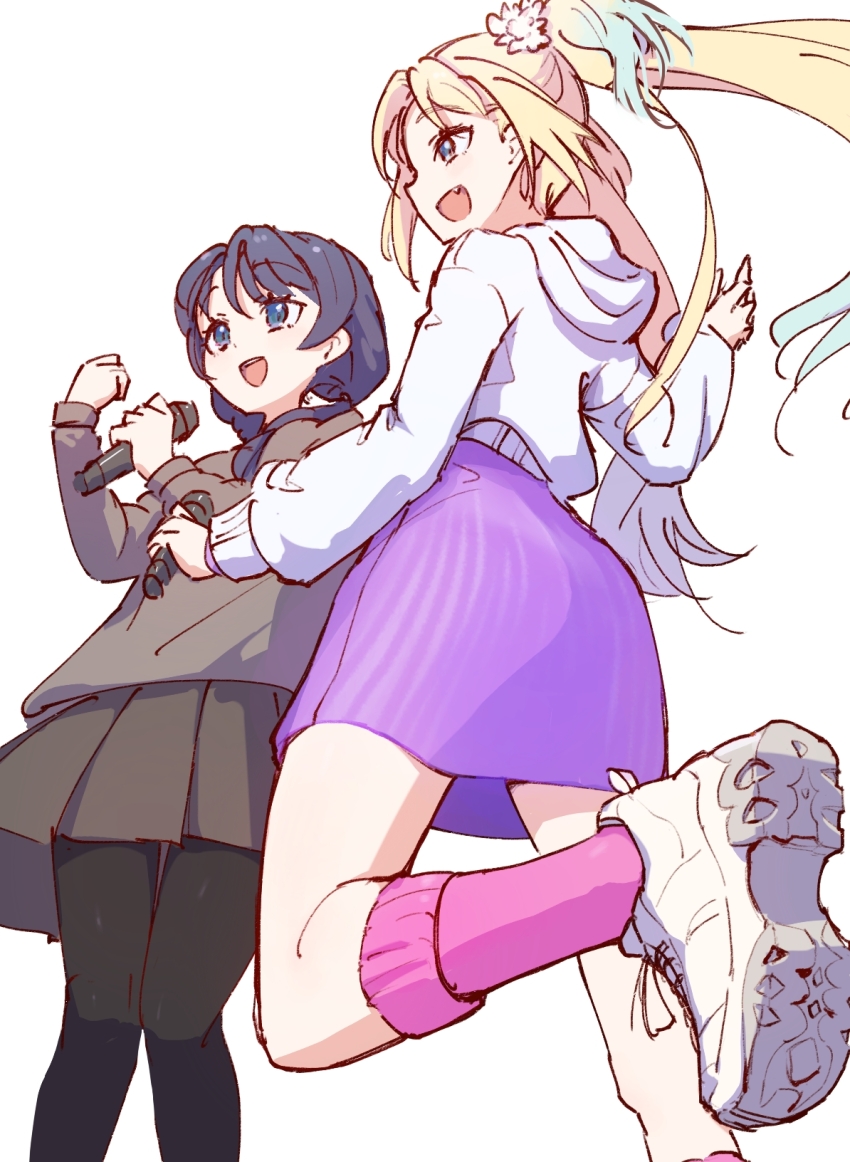 2girls, :d, black_pantyhose, blonde_hair, blue_eyes, blue_hair, blue_ribbon, casual