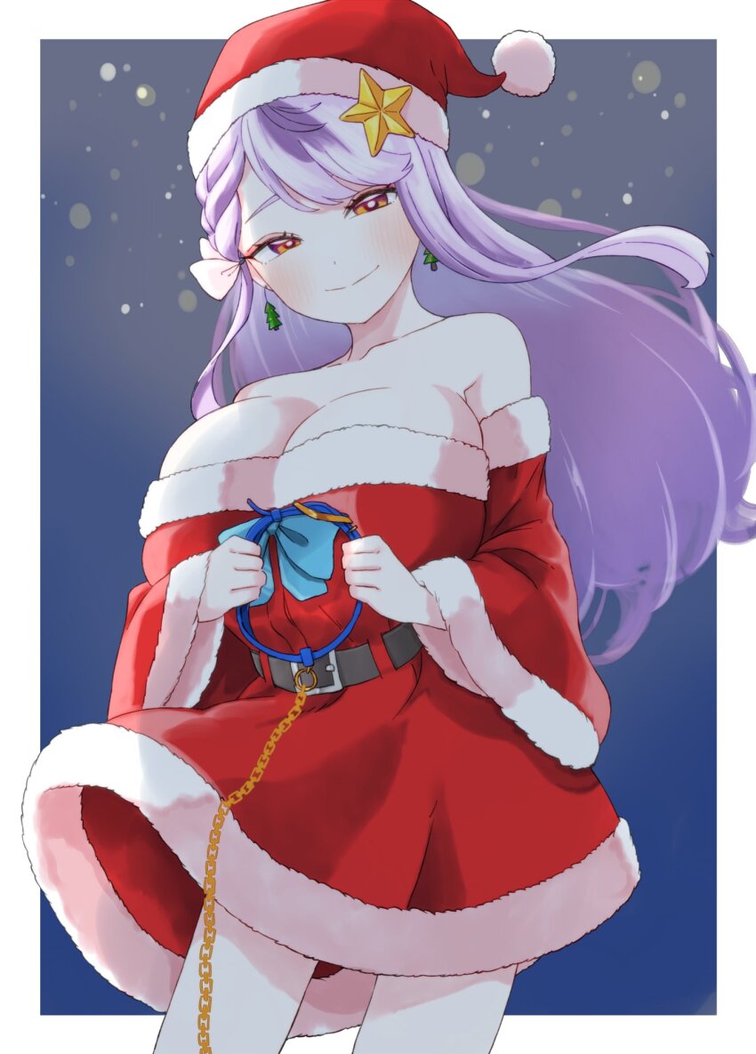 1girl, alternate_costume, blue_background, blurry, blush, bokeh, border, breasts