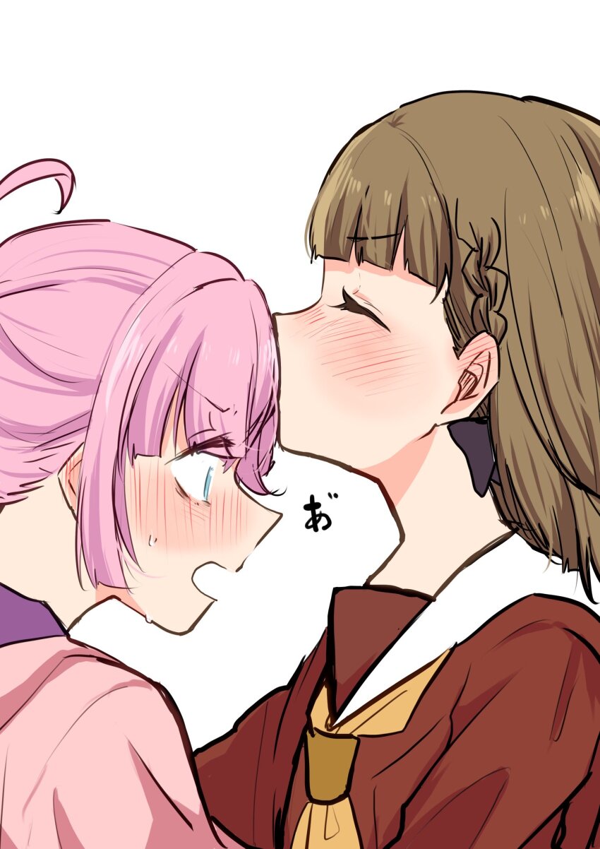 2girls, ^_^, a_(phrase), ahoge, anyoji_hime, black_bow, blue_eyes, blunt_bangs