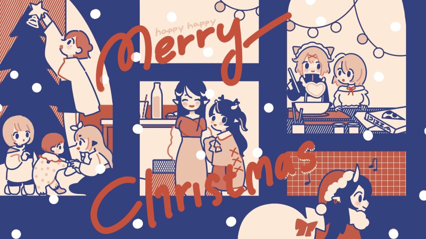 1boy, 6+girls, absurdres, alternate_costume, and_uge, animal_ears, baby, brown_theme, cat_ears, cat_girl, chopsticks, christmas, christmas_tree, closed_eyes, closed_mouth, commentary, demon_girl, demon_horns, doo_(amaiamaidoo), full_body, hebiyoi_tier, highres, hinata_mashu, holding, holding_chopsticks, holding_sack, horns, kanade_kanon, kanade_kanon's_son, konan_mia, long_hair, looking_at_another, looking_at_viewer, looking_to_the_side, maid_headdress, merry_christmas, monochrome, mother_and_child, mother_and_son, multiple_girls, nanashi_inc., neck_ribbon, no_lineart, oinomori_may, open_mouth, parent_and_child, pizza_box, pointy_ears, ribbon, ryugasaki_rene, sack, santa_costume, shirt, short_hair, sitting, skirt, smile, snowing, standing, suzumi_nemo, untranslatable_commentary, virtual_youtuber, wok