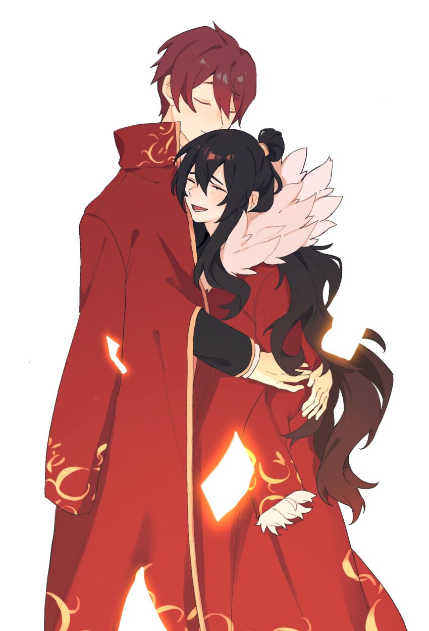 1boy, 1girl, black_hair, closed_eyes, closed_mouth, coat, coat_on_shoulders, cowboy_shot