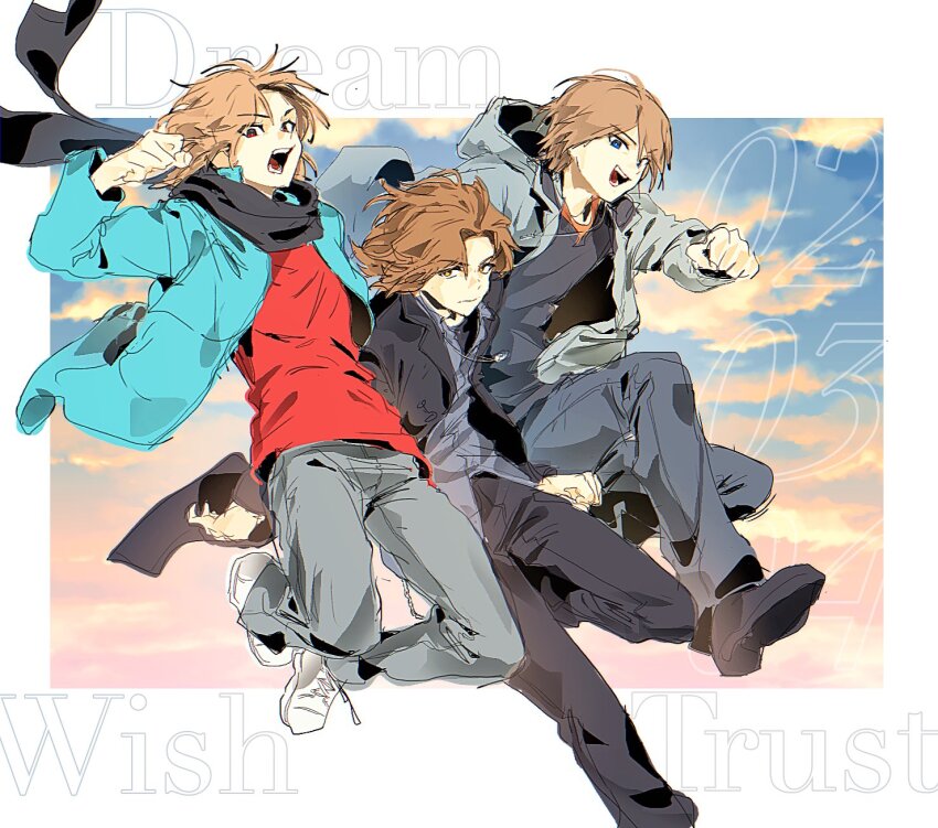 3boys, black_footwear, black_pants, blue_eyes, blue_jacket, brown_hair, commentary, english_text, highres, inui_takumi, jacket, kamen_rider, kamen_rider_555, kamen_rider_blade_(series), kamen_rider_ryuki_(series), kenzaki_kazuma, kidou_shinji, male_focus, multiple_boys, open_mouth, pants, red_shirt, shirt, untranslatable_commentary, verha_spo, white_footwear