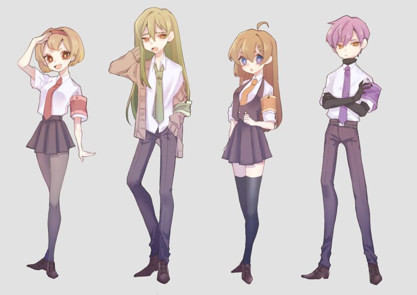 2boys, 2girls, ahoge, black_pantyhose, black_skirt, blue_eyes, brown_cardigan, brown_eyes