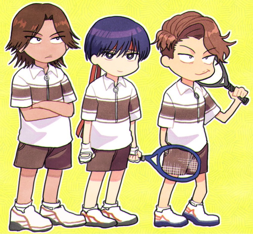 3boys, akazawa_yoshirou, arms_at_sides, asymmetrical_bangs, atsushi_kisarazu, blue_hair, bright_pupils, brown_hair