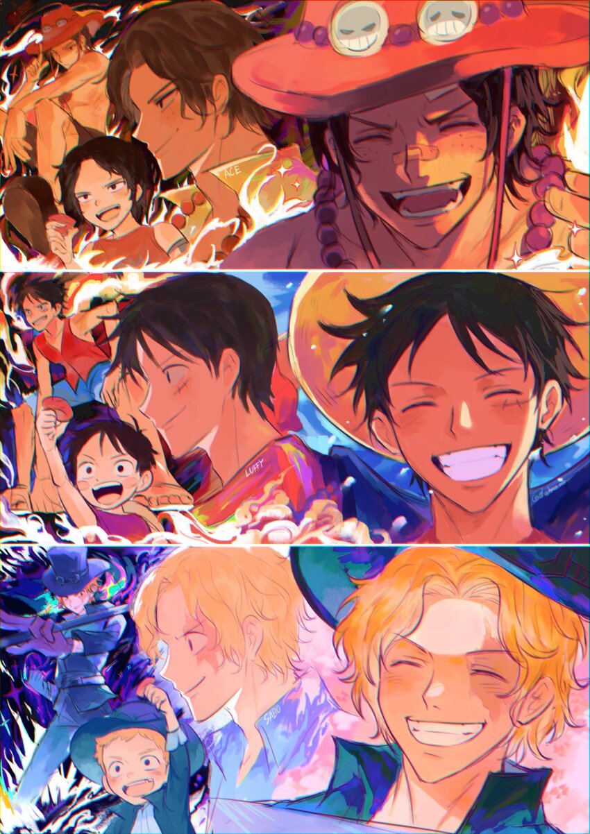 3boys, ^_^, aged_down, black_hair, blonde_hair, blush, character_name, child