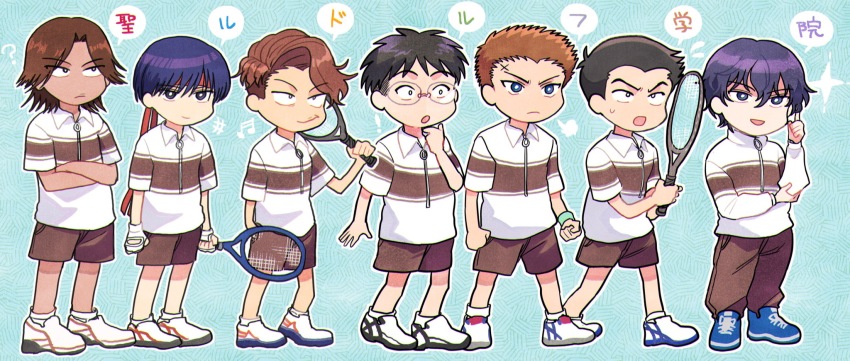 !, +++, 6+boys, :o, ?, akazawa_yoshirou, arms_at_sides, asymmetrical_bangs