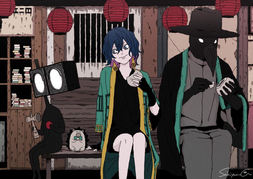 1girl, black_dress, black_gloves, blue_eyes, blue_hair, colored_inner_hair, dress, earrings, fingerless_gloves, gloves, hand_on_ground, hedgehog, jewelry, konnakoto_soudou_(zutomayo), looking_at_another, multicolored_hair, nira-chan, nira-chan_(konnakoto_soudou)_(zutomayo), purple_hair, sakiyama8ma, uniguri_(zutomayo), yellow_trim, zutto_mayonaka_de_ii_no_ni