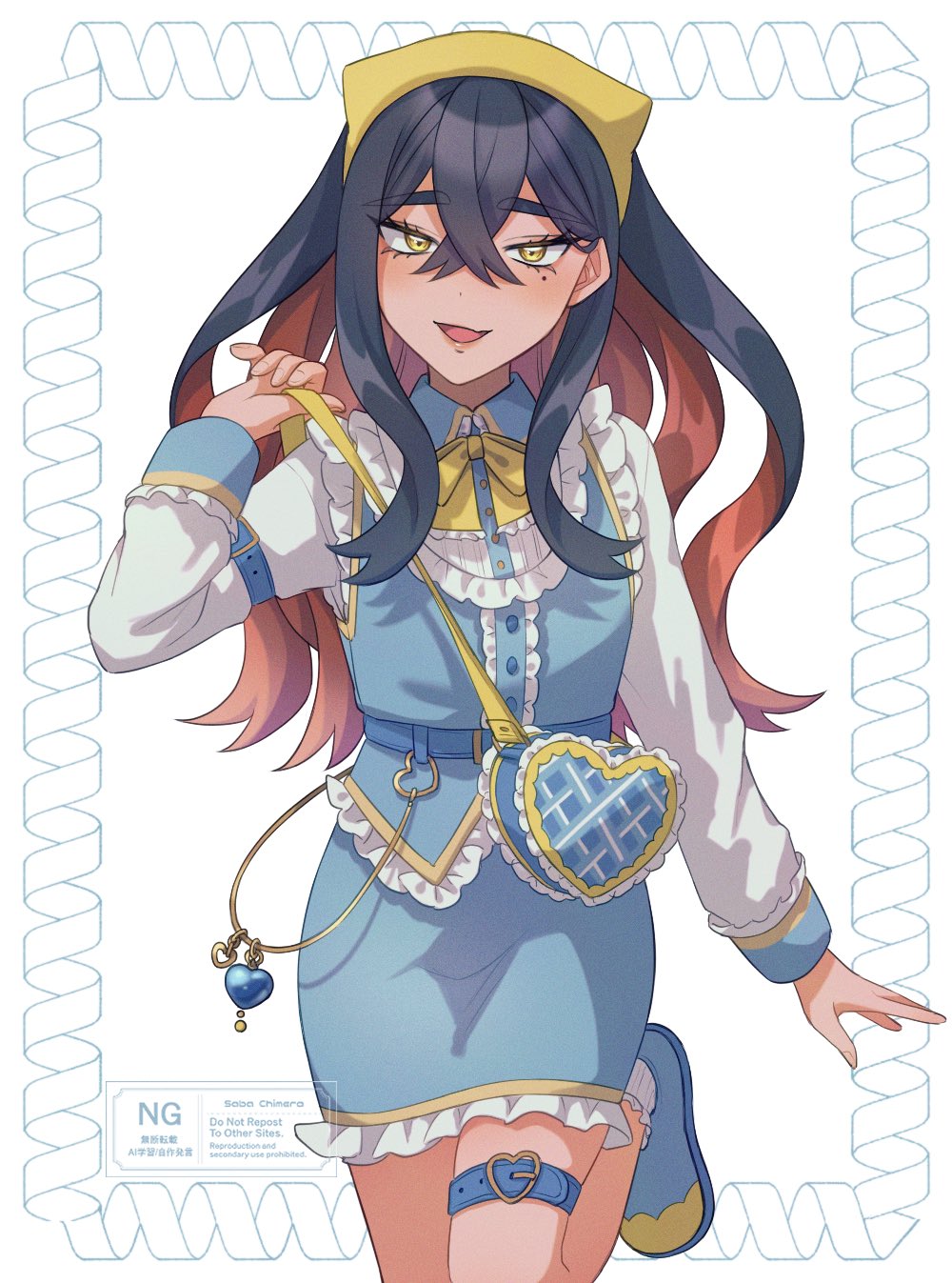 1girl, alternate_costume, bag, belt, black_hair, blue_bag, blue_skirt, blush