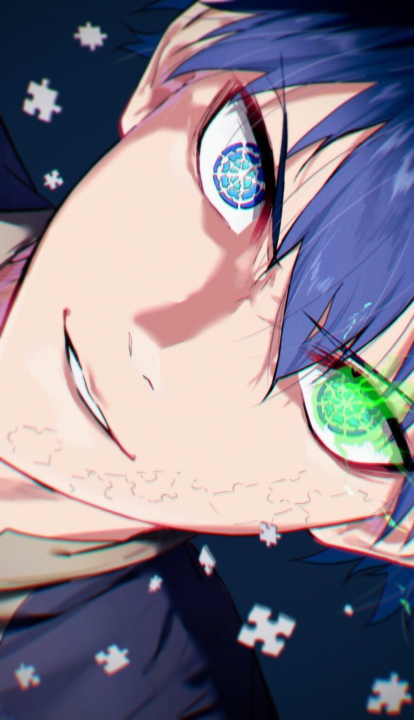 1boy, bl_111252, blue_eyes, blue_hair, blue_lock, blurry, blurry_background, fire